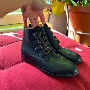 Vintage leather booties. Victorian medieval style buckle shoes